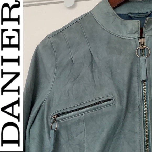 💙NWOT 100% LEATHER JACKET ROBIN’s EGG BUTTER SOFT PEPLUM ZIP MANDARIN COLLAR🐦 - Picture 2 of 15